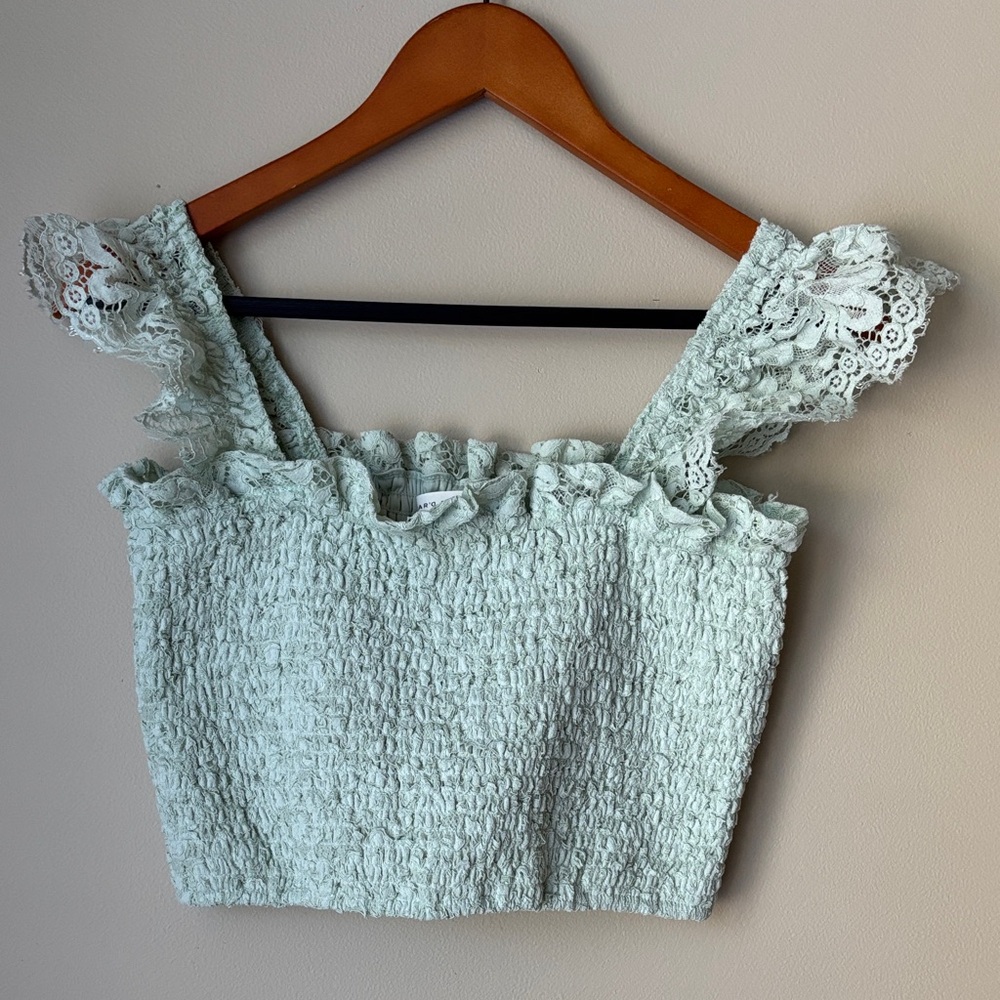 ALTAR’D State Cropped Mint Green Lace Trimmed Smocked Women's Top